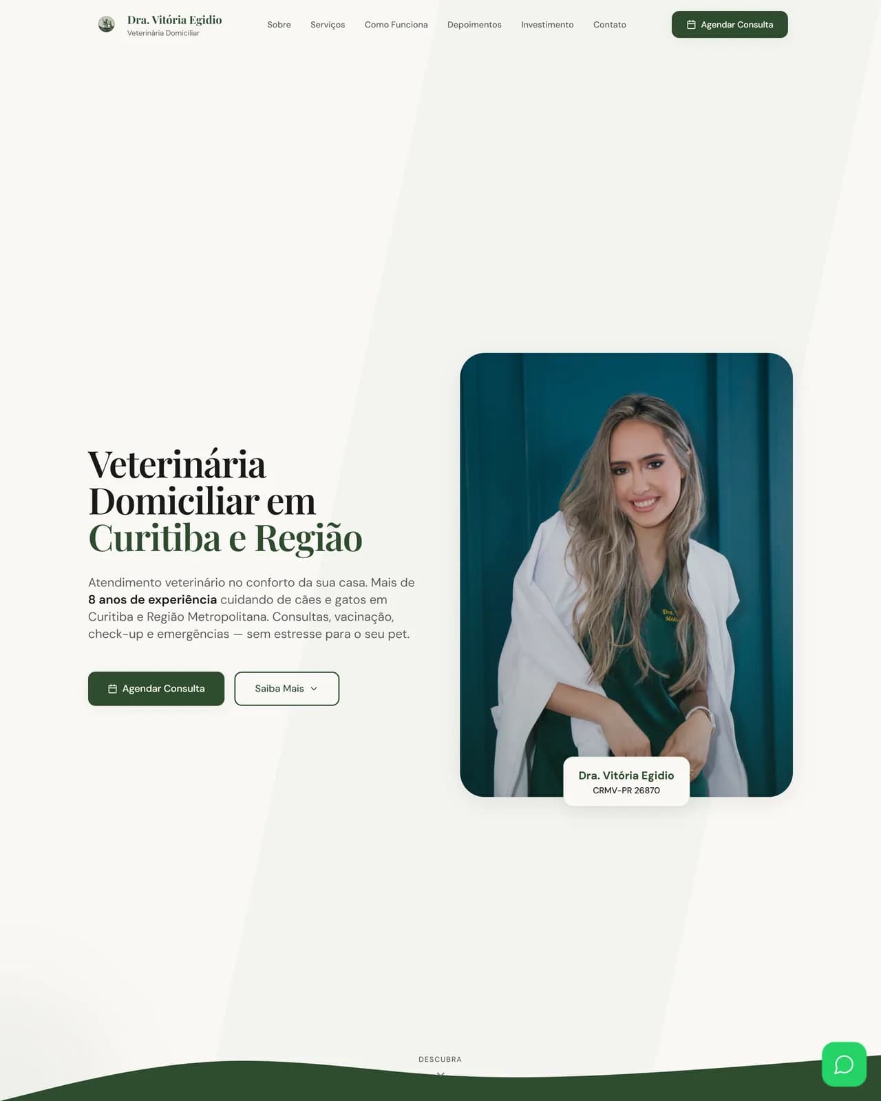 Case editorial do site da Dra. Vitória Egídio, veterinária domiciliar em Curitiba.